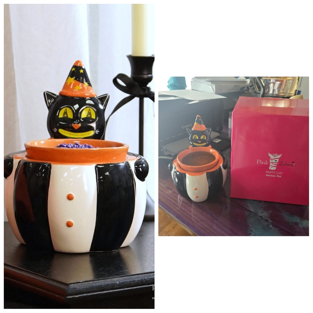 Pink Zebra Festive Cat Bowl with Orange and Black Stripes